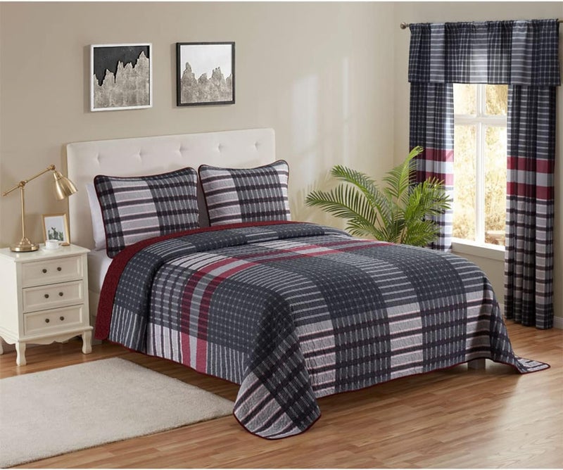 Legacy Decor 3 PCS Quilt Reversible Bedspread Coverlet Red & Black Patchwork Design Ultra Soft Microfiber Oversized King/Cal-King 118" W x 106" L - Image 1